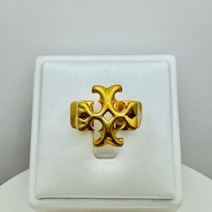 Tory Burch Roxanne Double T Hammered Gold Ring Size 8